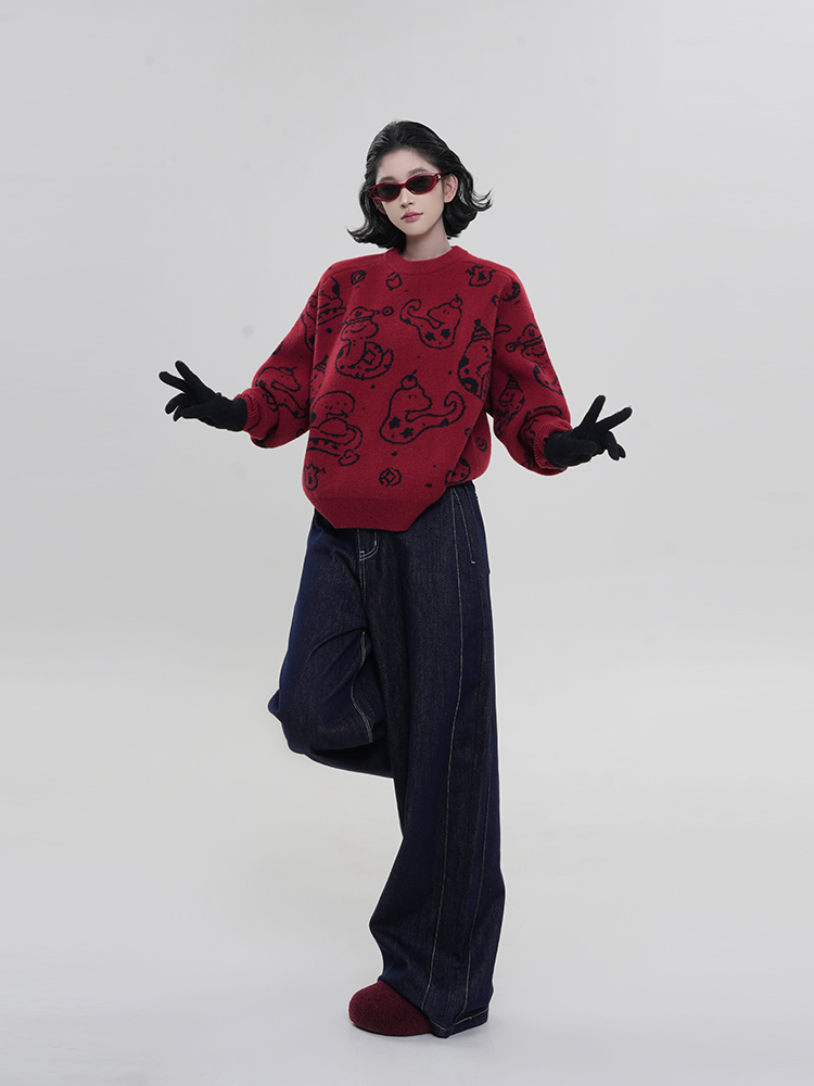Korean Style Loose-Fit Red Round Neck Printed Knitted Sweater for Women - Thick Autumn/Winter Zodiac Year Top Korean Style Loose-Fit Red Round Neck Printed Knitted Sweater for Women - Thick Autumn/Winter Zodiac Year Top