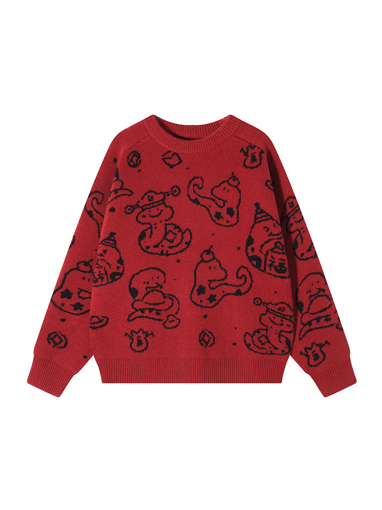 Korean Style Loose-Fit Red Round Neck Printed Knitted Sweater for Women - Thick Autumn/Winter Zodiac Year Top