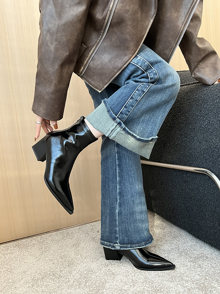 Korean-Style Nude Chunky Heel Short Boots with Back Zipper - 2025 Trendy Pointed Slim Design