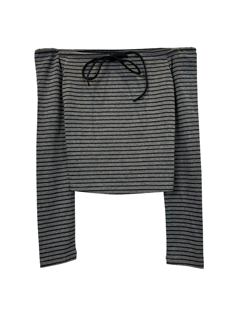 Korean Style Off-Shoulder Striped Long Sleeve T-Shirt with Bow Tie Detail - Trendy Boyfriend-Killing Design for Women Korean Style Off-Shoulder Striped Long Sleeve T-Shirt with Bow Tie Detail - Trendy Boyfriend-Killing Design for Women