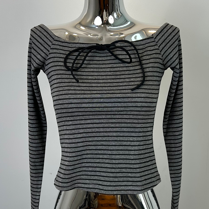 Korean Style Off-Shoulder Striped Long Sleeve T-Shirt with Bow Tie Detail - Trendy Boyfriend-Killing Design for Women