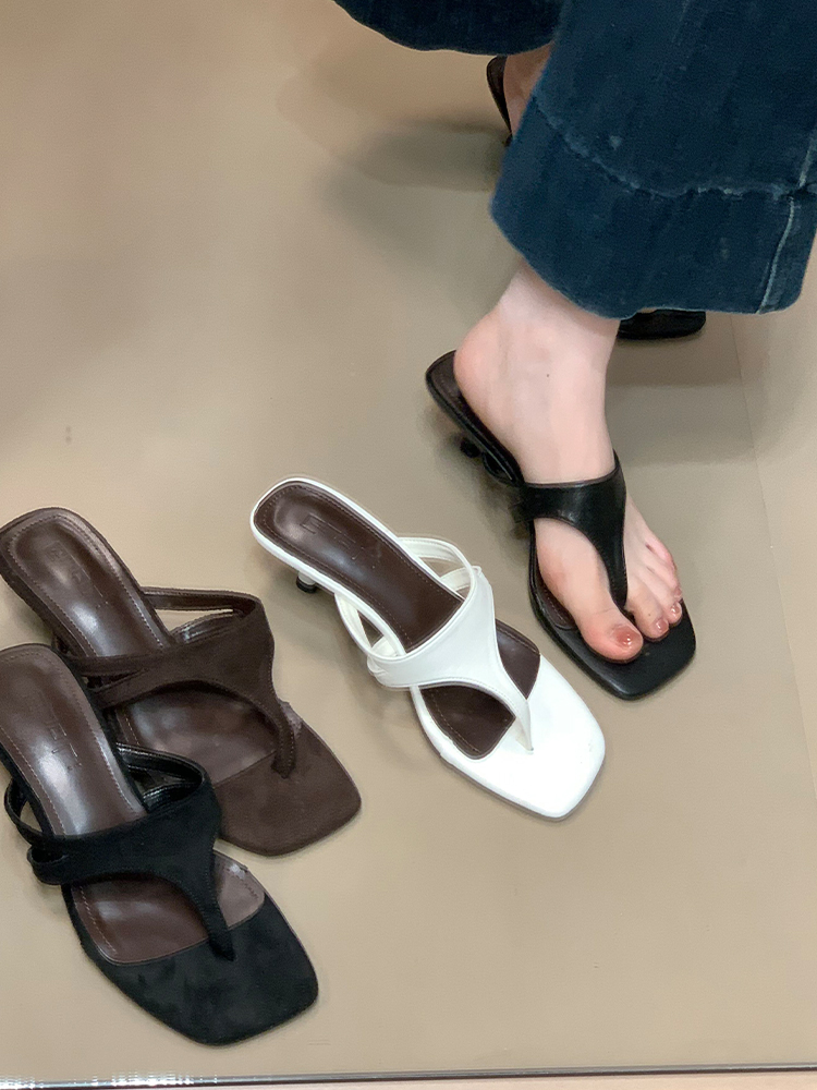 Korean Style One-Strap Thin Heel Square Toe Flip Flops for Women - Ocean-Inspired Summer Footwear 2025