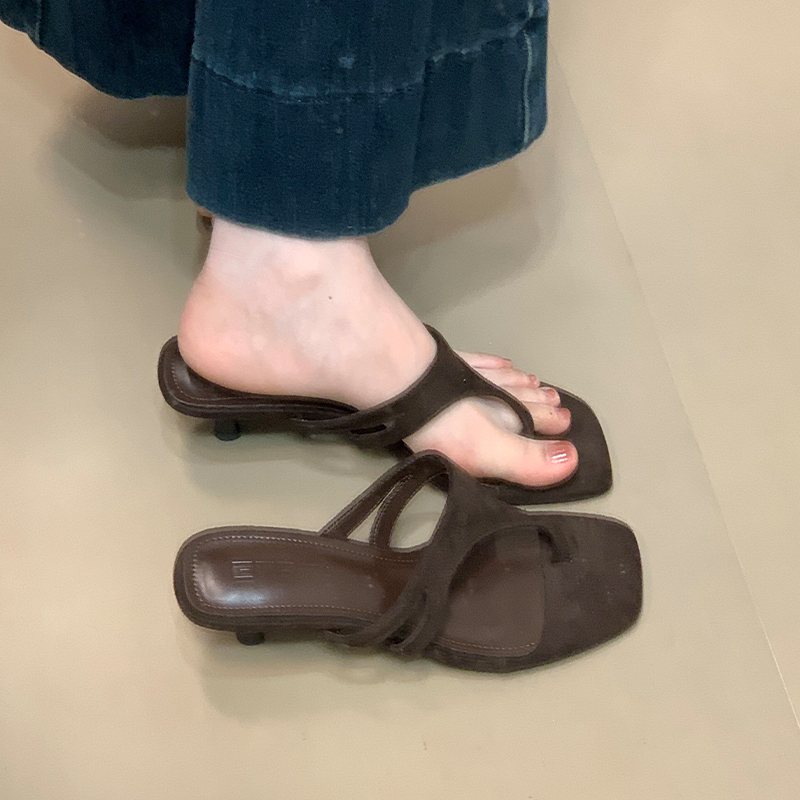 Korean Style One-Strap Thin Heel Square Toe Flip Flops for Women - Ocean-Inspired Summer Footwear 2025