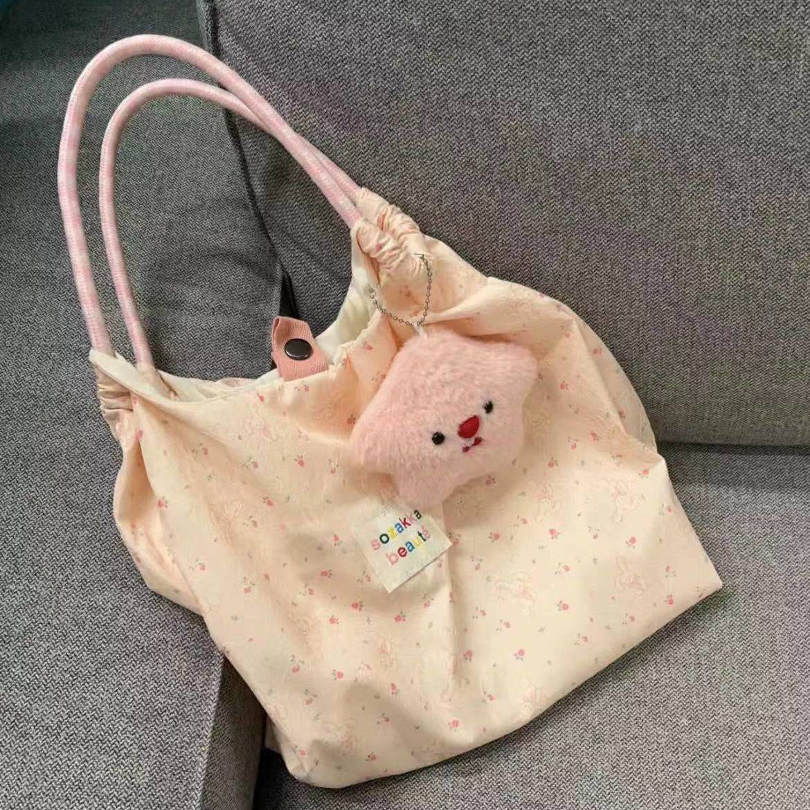 Korean-Style Pink Floral Drawstring Canvas Bag, Large Capacity Shoulder Tote Bag, Trendy Niche Design for 2025