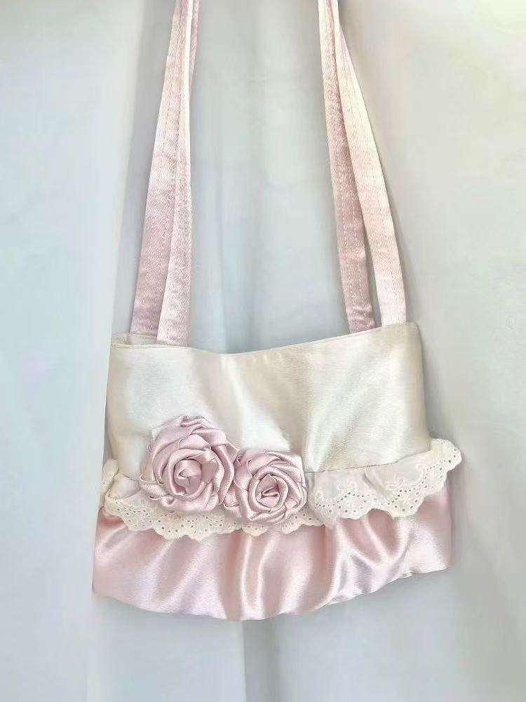 Korean-Style Pink Rose Flower Single-Shoulder Tote Bag, Large-Capacity Patchwork Satin Commuting Underarm Bag