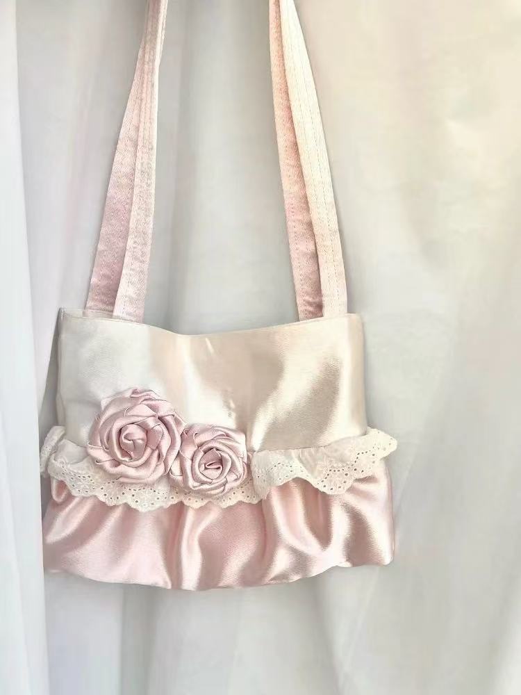 Korean-Style Pink Rose Flower Single-Shoulder Tote Bag, Large-Capacity Patchwork Satin Commuting Underarm Bag