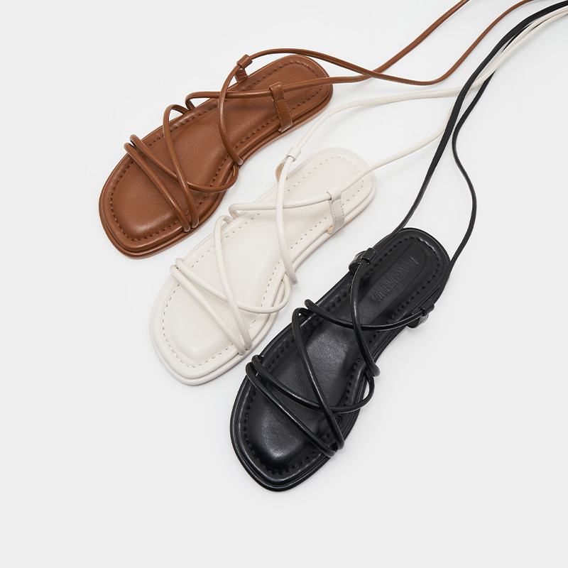 Korean Style Plus-Size Women's Lace-Up Flat Sandals - Trendy Bohemian Roman Summer Shoes, Size 40-43