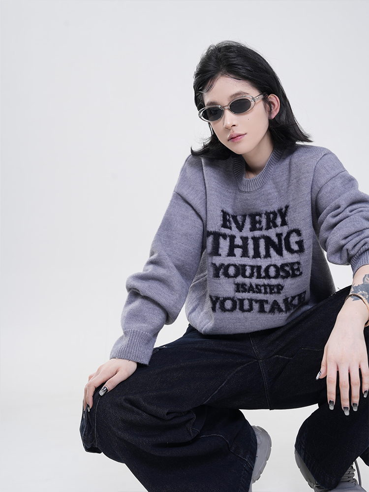 Korean Style Printed Round Neck Long Sleeve Knitted Sweater for Women - Soft Loose Pullover Top for Autumn and Winter