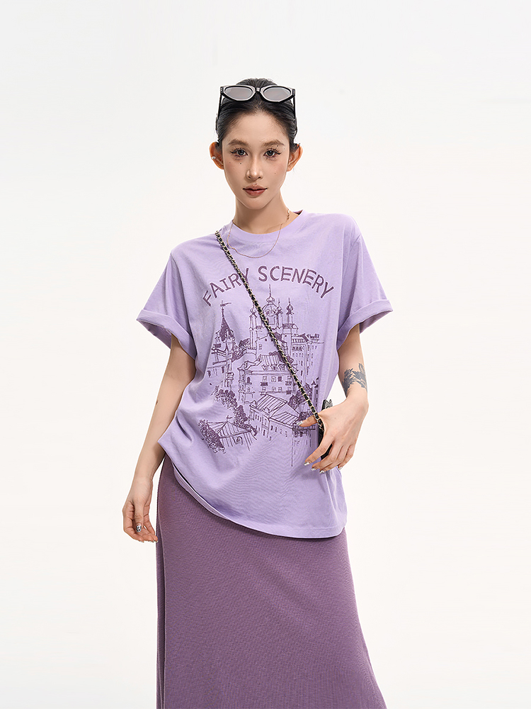 Korean Style Printed Round Neck Short Sleeve T-Shirt for Women - Summer Loose Fit Slimming Half Sleeve Top Korean Style Printed Round Neck Short Sleeve T-Shirt for Women - Summer Loose Fit Slimming Half Sleeve Top