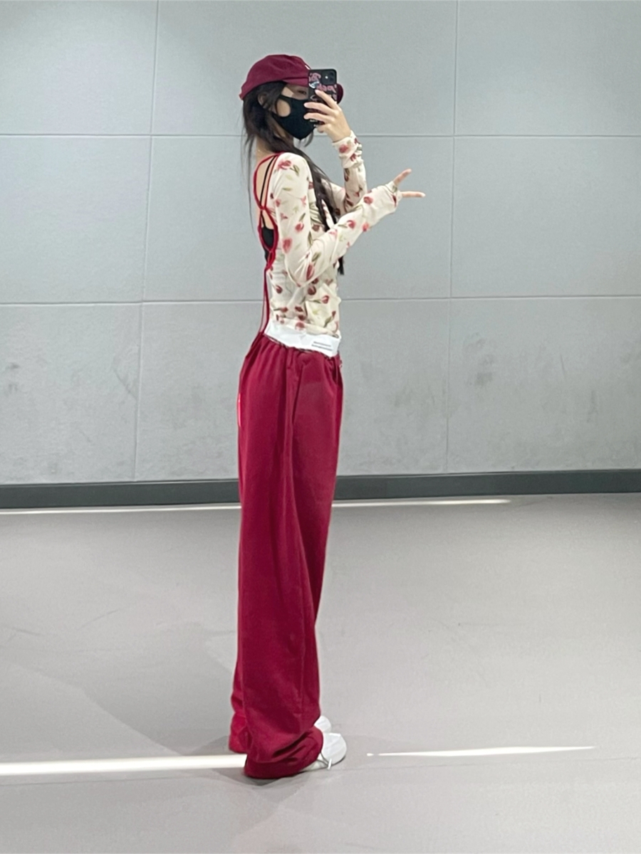 Korean Style Red Double-Waist Spliced Sports Pants & Floral Backless Mesh Top Jazz Dance Outfit for Women