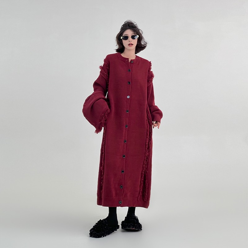 Korean Style Red Tassel Design Sweater Dress for Women, Autumn Winter, Loose Fit Knee-Length Straight Tube Dress