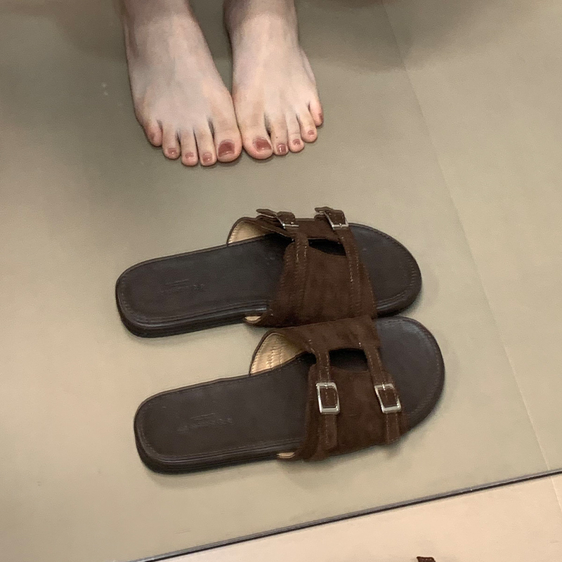 Korean-Style Retro Belt Buckle Flat Sandals - Versatile Casual Slide Sandals for Summer 2025
