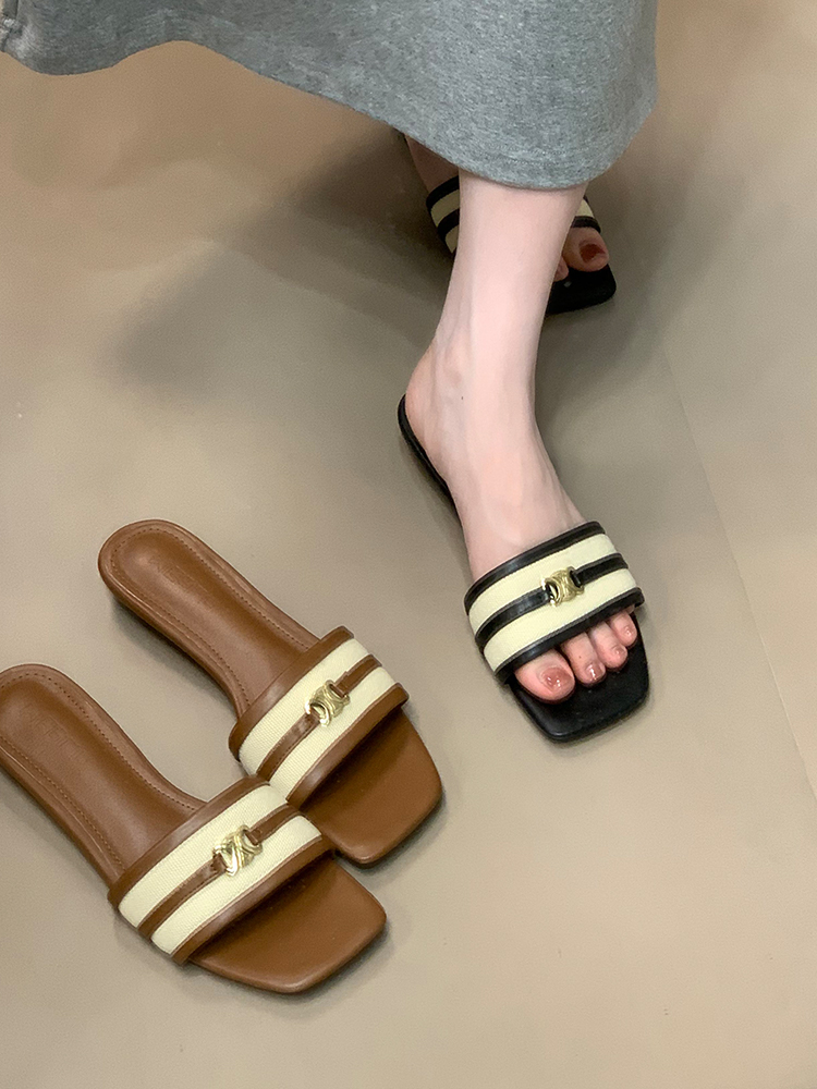 Korean-Style Retro Open-Toe Slide Sandals for Women - Comfortable Spliced Design for Outdoor Summer 2025 Fashion
