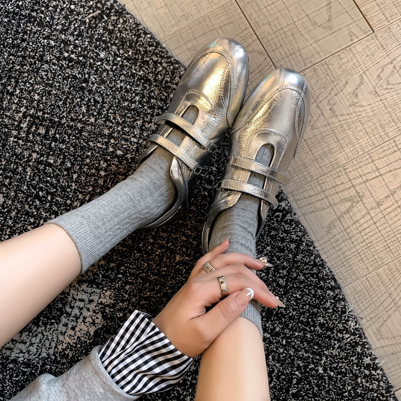 Korean Style Romantic Genuine Leather Casual Training Shoes for Women, Round Toe, Velcro, Hidden Height Increase, Flat Sole