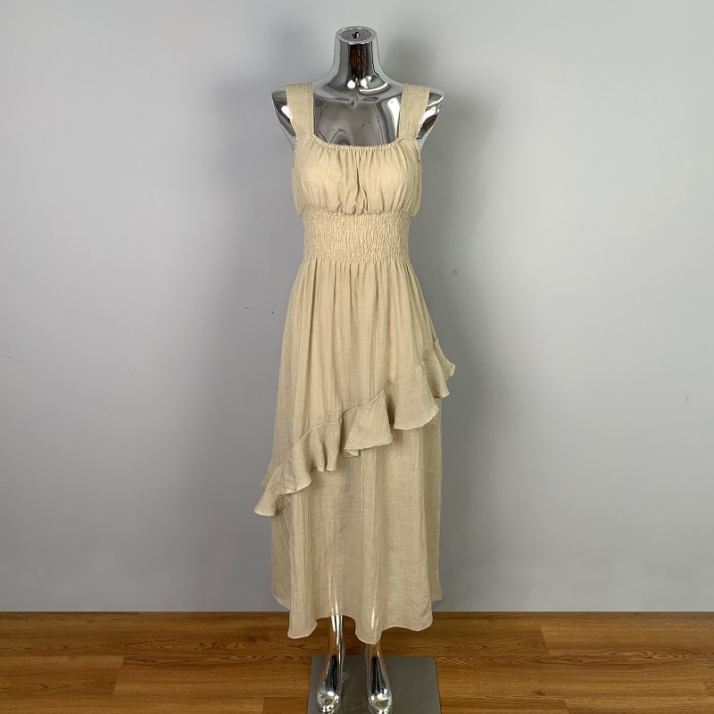 Korean Style Ruffled Hem Long Skirt Dress with Waist-Cinching Spaghetti Straps - Feminine and Sexy Fashion Essential for Women