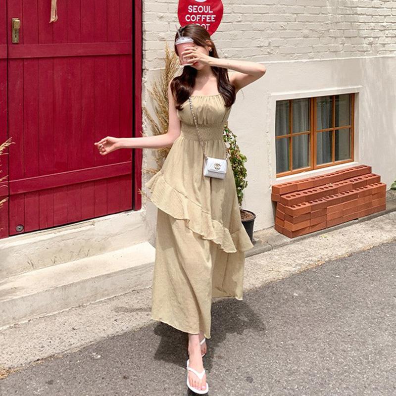 Korean Style Ruffled Hem Long Skirt Dress with Waist-Cinching Spaghetti Straps - Feminine and Sexy Fashion Essential for Women