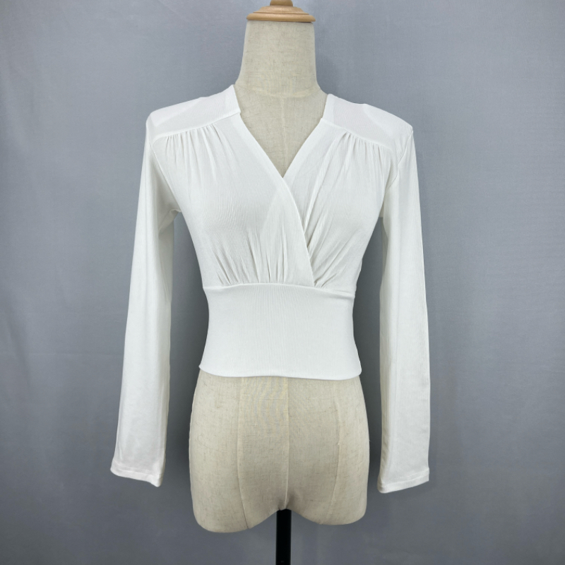 Korean Style Sexy Cross V-Neck Long Sleeve T-Shirt with Shoulder Pads for Women - Slim Fit Spring/Summer Waist-Short Top