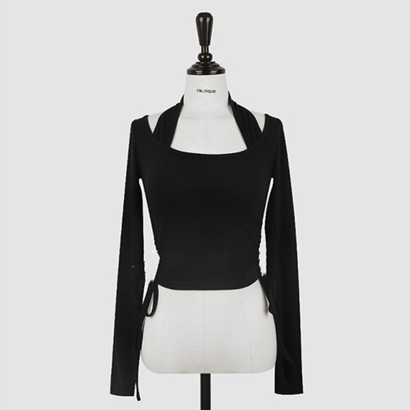 Korean Style Sexy Drawstring Waist Halter Long Sleeve Patchwork T-Shirt for Women - Trendy Base Layer Top