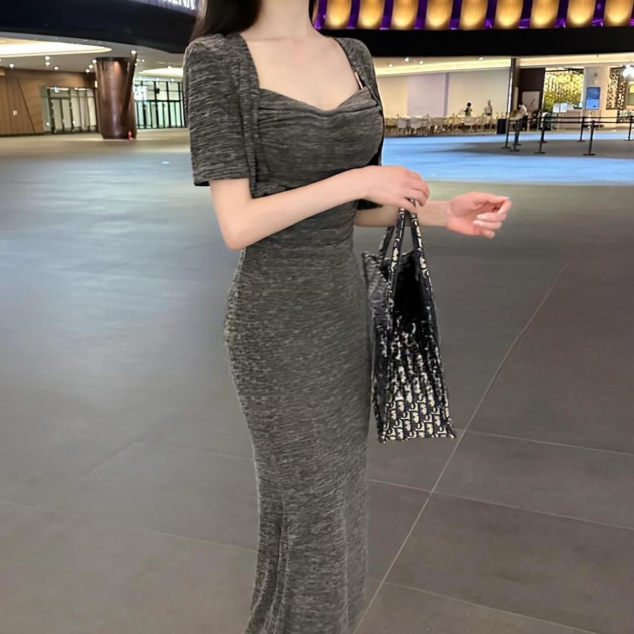 Korean Style Sexy Fitted Low-Cut Gray Spaghetti Strap Bodycon Long Dress with Short-Sleeve Cardigan Two-Piece Set Korean Style Sexy Fitted Low-Cut Gray Spaghetti Strap Bodycon Long Dress with Short-Sleeve Cardigan Two-Piece Set