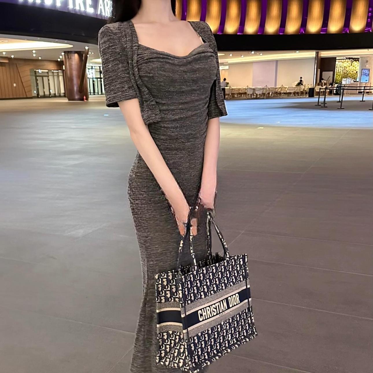 Korean Style Sexy Fitted Low-Cut Gray Spaghetti Strap Bodycon Long Dress with Short-Sleeve Cardigan Two-Piece Set Korean Style Sexy Fitted Low-Cut Gray Spaghetti Strap Bodycon Long Dress with Short-Sleeve Cardigan Two-Piece Set
