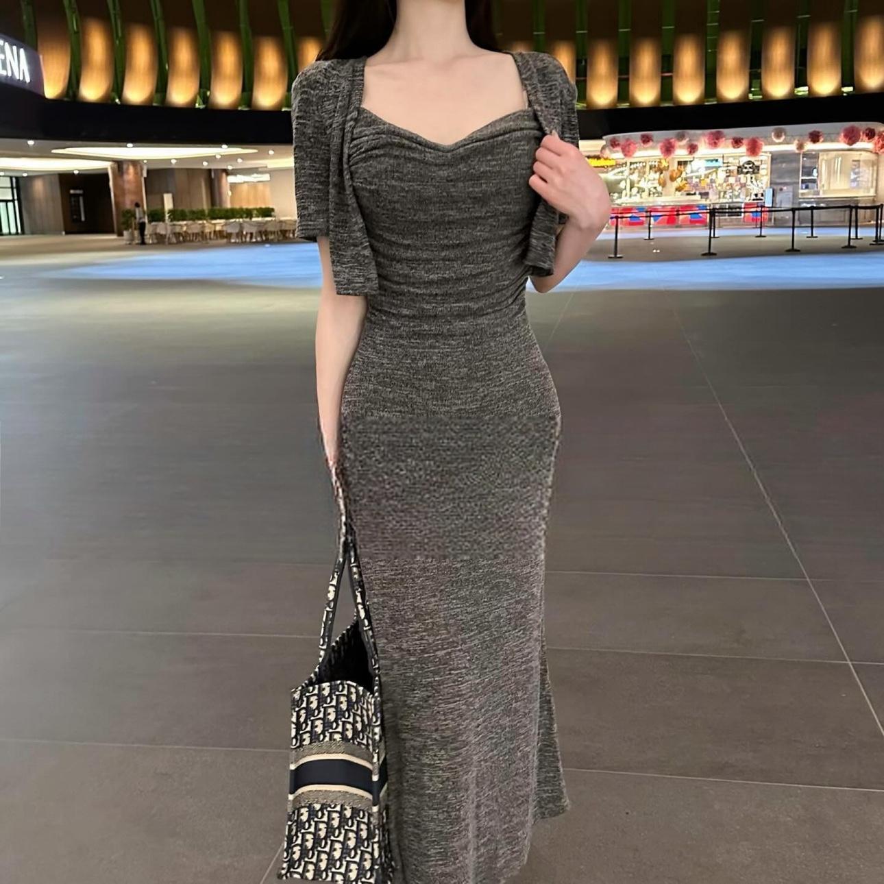 Korean Style Sexy Fitted Low-Cut Gray Spaghetti Strap Bodycon Long Dress with Short-Sleeve Cardigan Two-Piece Set