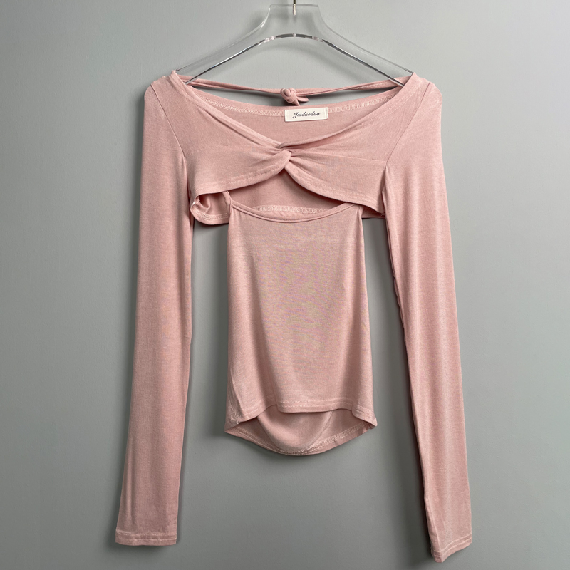 Korean Style Sexy Halter Hollow-Out Pink Camisole Long Sleeve T-Shirt Women's Two-Piece Set for Autumn and Winter Fashion Korean Style Sexy Halter Hollow-Out Pink Camisole Long Sleeve T-Shirt Women's Two-Piece Set for Autumn and Winter Fashion