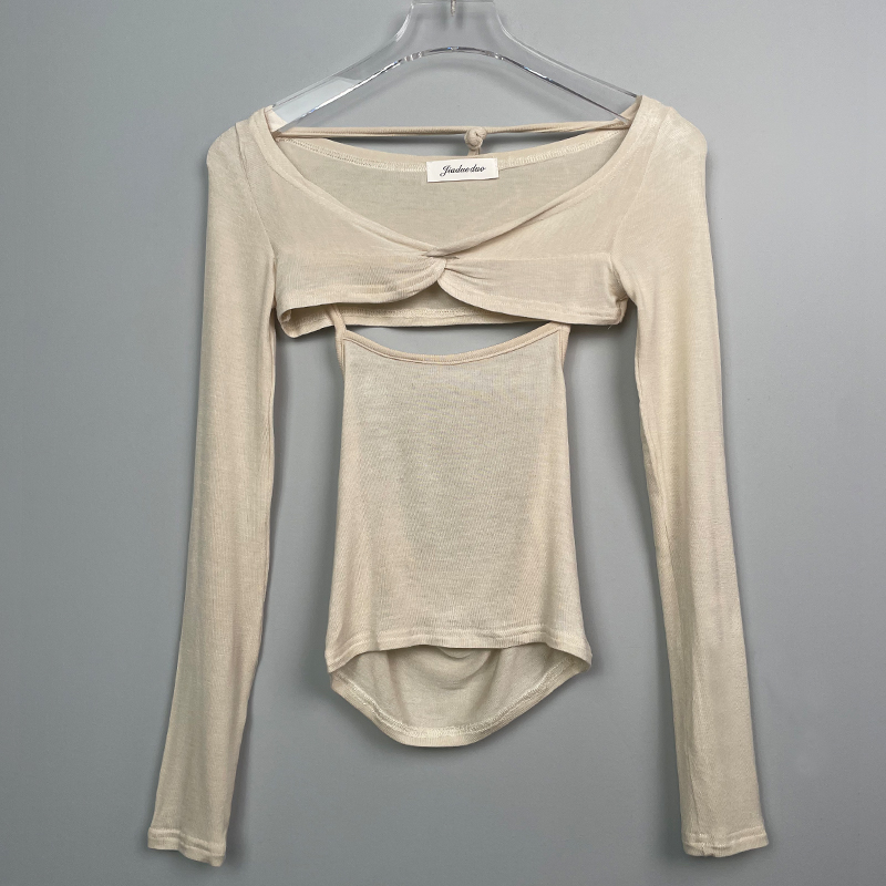 Korean Style Sexy Halter Hollow-Out Pink Camisole Long Sleeve T-Shirt Women's Two-Piece Set for Autumn and Winter Fashion Korean Style Sexy Halter Hollow-Out Pink Camisole Long Sleeve T-Shirt Women's Two-Piece Set for Autumn and Winter Fashion