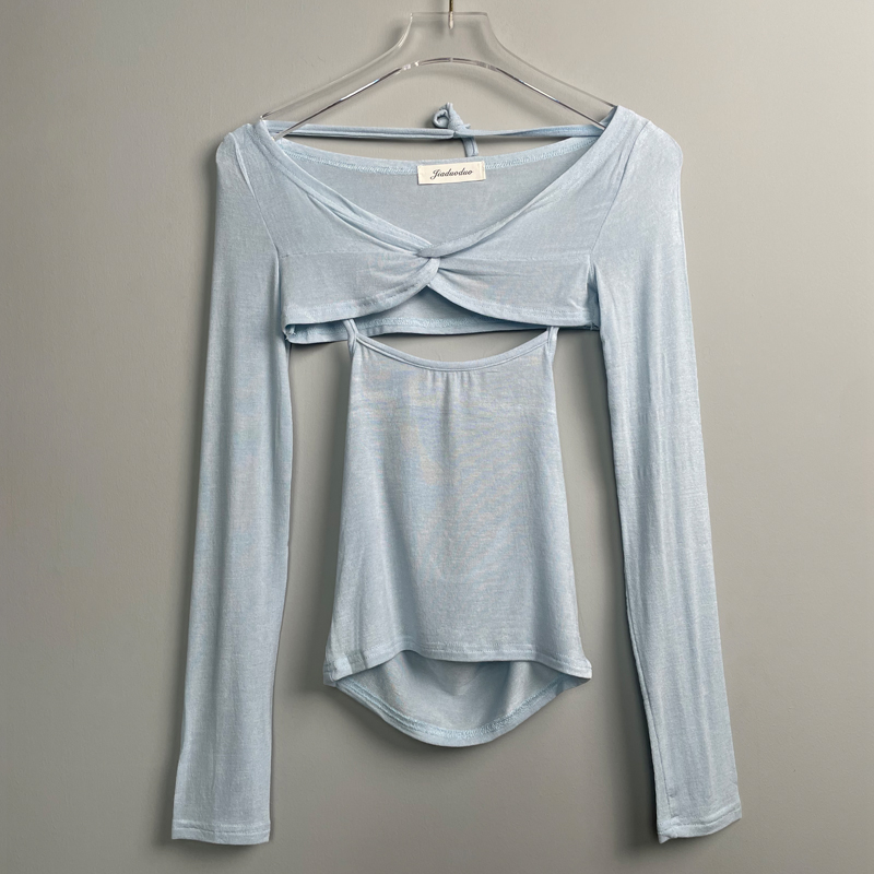 Korean Style Sexy Halter Hollow-Out Pink Camisole Long Sleeve T-Shirt Women's Two-Piece Set for Autumn and Winter Fashion Korean Style Sexy Halter Hollow-Out Pink Camisole Long Sleeve T-Shirt Women's Two-Piece Set for Autumn and Winter Fashion