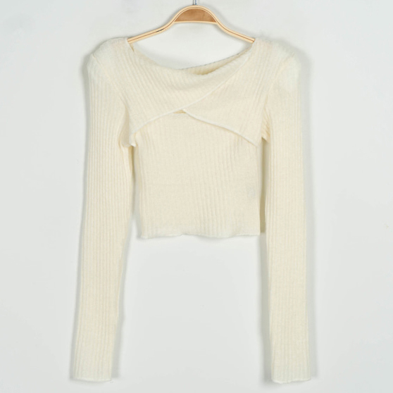 Korean Style Sexy Hollow Out Chest Short Pink Knitted Sweater Top for Women - Autumn Winter Slim Fit Fashion