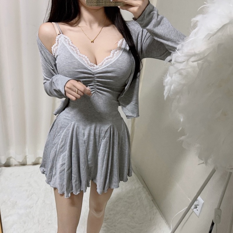 Korean Style Sexy Lace Spliced Spaghetti Strap Pleated Dress with Long Sleeve Cardigan Fashion Set