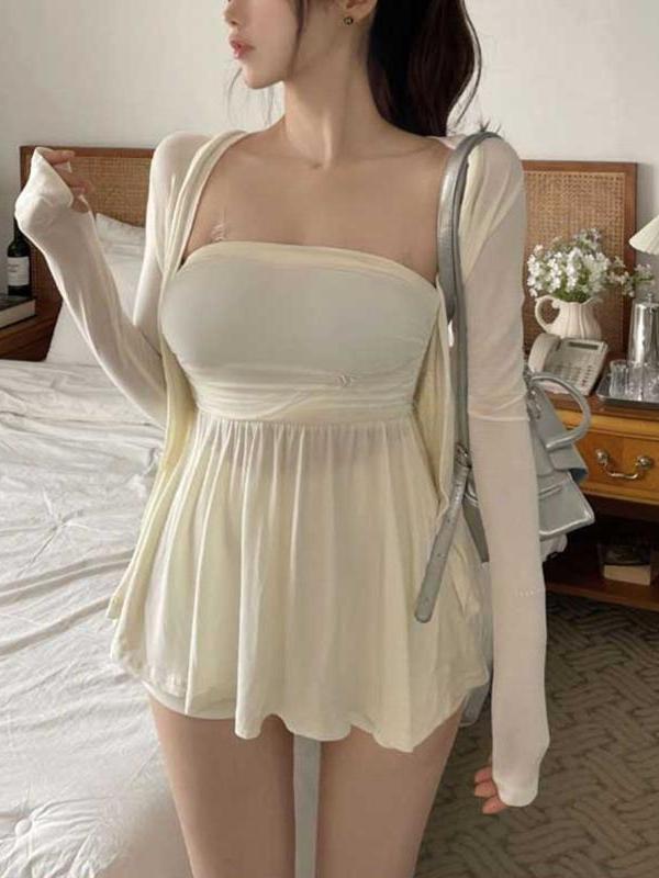 Korean Style Sexy Padded Pink Strapless Long Sleeve Cardigan Top & Black Bodycon Mini Skirt Set for a Chic Look Korean Style Sexy Padded Pink Strapless Long Sleeve Cardigan Top & Black Bodycon Mini Skirt Set for a Chic Look