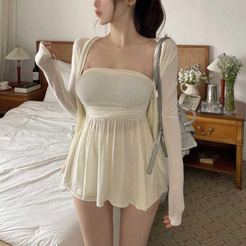 Korean Style Sexy Padded Pink Strapless Long Sleeve Cardigan Top & Black Bodycon Mini Skirt Set for a Chic Look