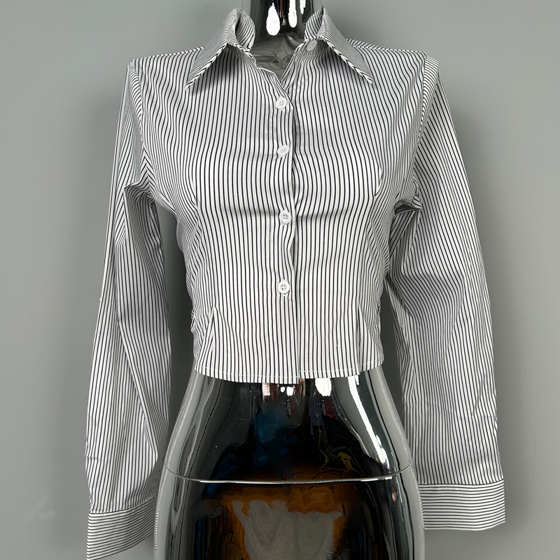 Korean Style Sexy Slim-Fit Cropped Striped Long Sleeve Shirt for Women - Summer Tight-Fitting Slimming Top Korean Style Sexy Slim-Fit Cropped Striped Long Sleeve Shirt for Women - Summer Tight-Fitting Slimming Top