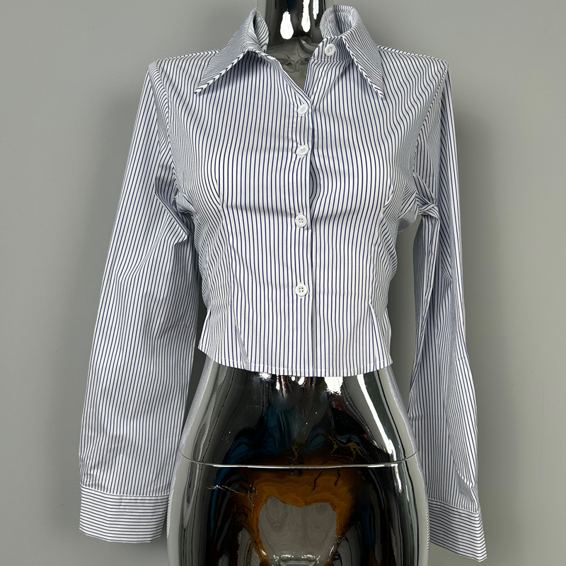 Korean Style Sexy Slim-Fit Cropped Striped Long Sleeve Shirt for Women - Summer Tight-Fitting Slimming Top
