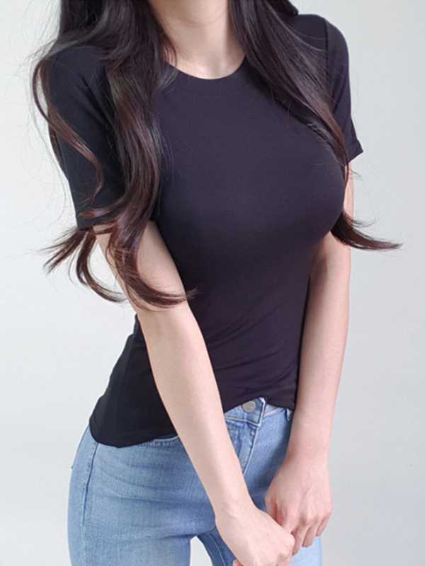 Korean Style Sexy Tight-Fitting White Round Neck Short Sleeve T-Shirt for Women - Summer Solid Color Slim Fit Versatile Top Korean Style Sexy Tight-Fitting White Round Neck Short Sleeve T-Shirt for Women - Summer Solid Color Slim Fit Versatile Top