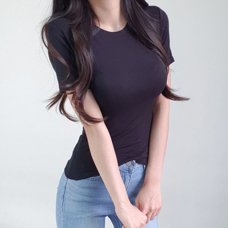 Korean Style Sexy Tight-Fitting White Round Neck Short Sleeve T-Shirt for Women - Summer Solid Color Slim Fit Versatile Top Korean Style Sexy Tight-Fitting White Round Neck Short Sleeve T-Shirt for Women - Summer Solid Color Slim Fit Versatile Top