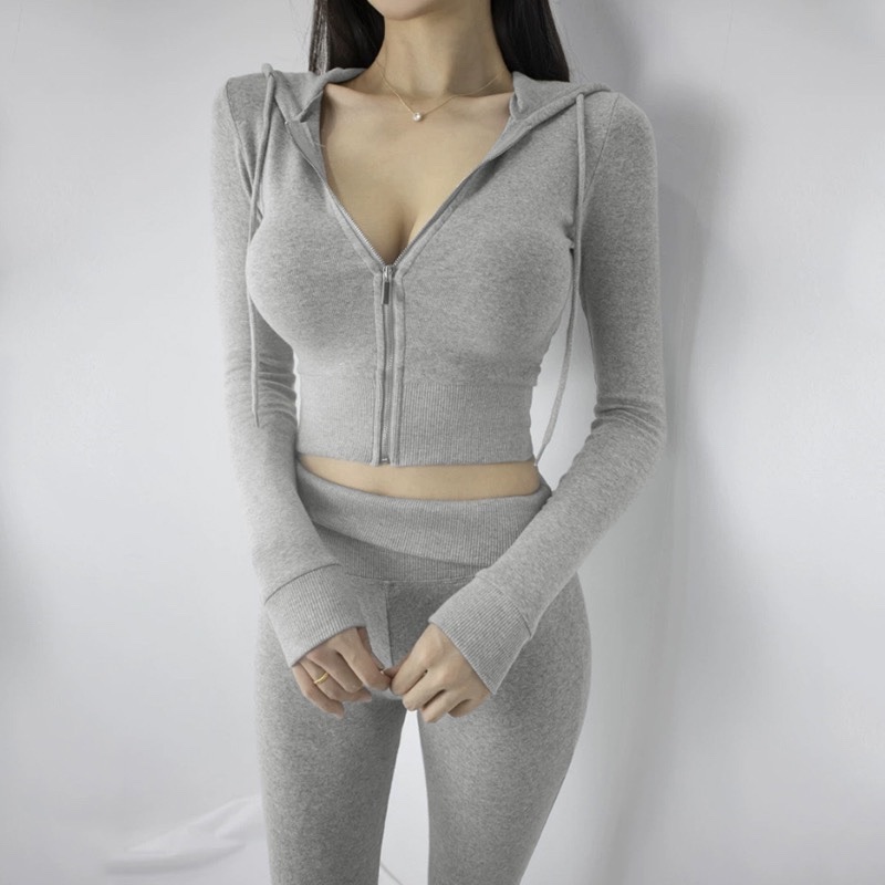 Korean Style Slim Body-Shaping Sports Suit with Hooded Zip Jacket and Flared Casual Pants for Women