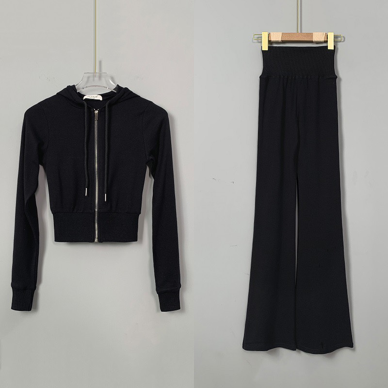 Korean Style Slim Body-Shaping Sports Suit with Hooded Zip Jacket and Flared Casual Pants for Women