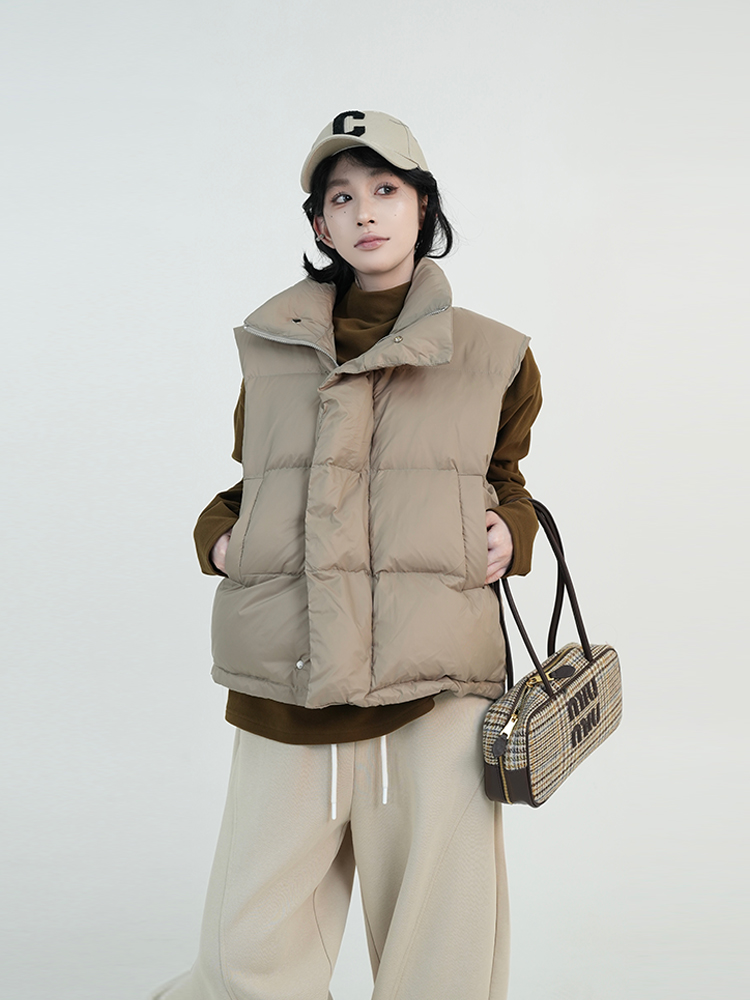 Korean Style Solid Color Stand Collar Sleeveless White Duck Down Jacket for Women - Versatile Loose Short Vest for Autumn & Winter