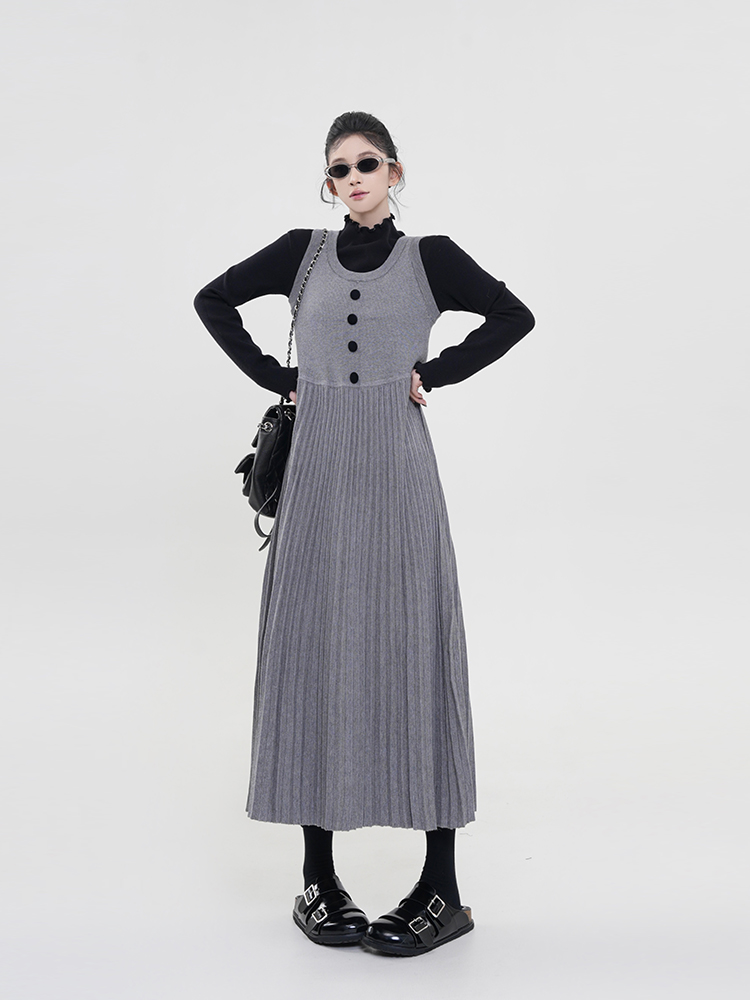 Korean Style Solid Color U-Neck Sleeveless Knitted Vest Dress for Women with Elegant Loose Pleated Long Skirt - Autumn/Winter Fashion Korean Style Solid Color U-Neck Sleeveless Knitted Vest Dress for Women with Elegant Loose Pleated Long Skirt - Autumn/Winter Fashion