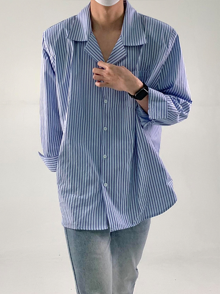 Korean-Style Striped Casual Shirt for Men, Loose Fit Long Sleeve Lapel Top, Versatile Minimalist Fashion, Trendy Ins Look