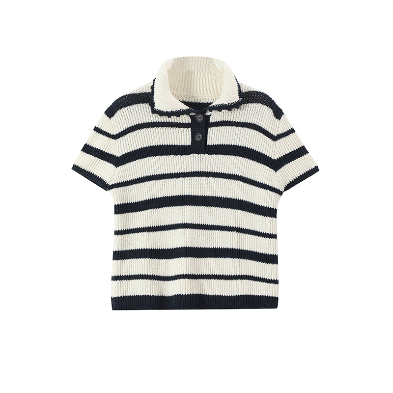 Korean Style Striped Short Sleeve Polo Knit T-Shirt for Women - Slim Casual Summer Top
