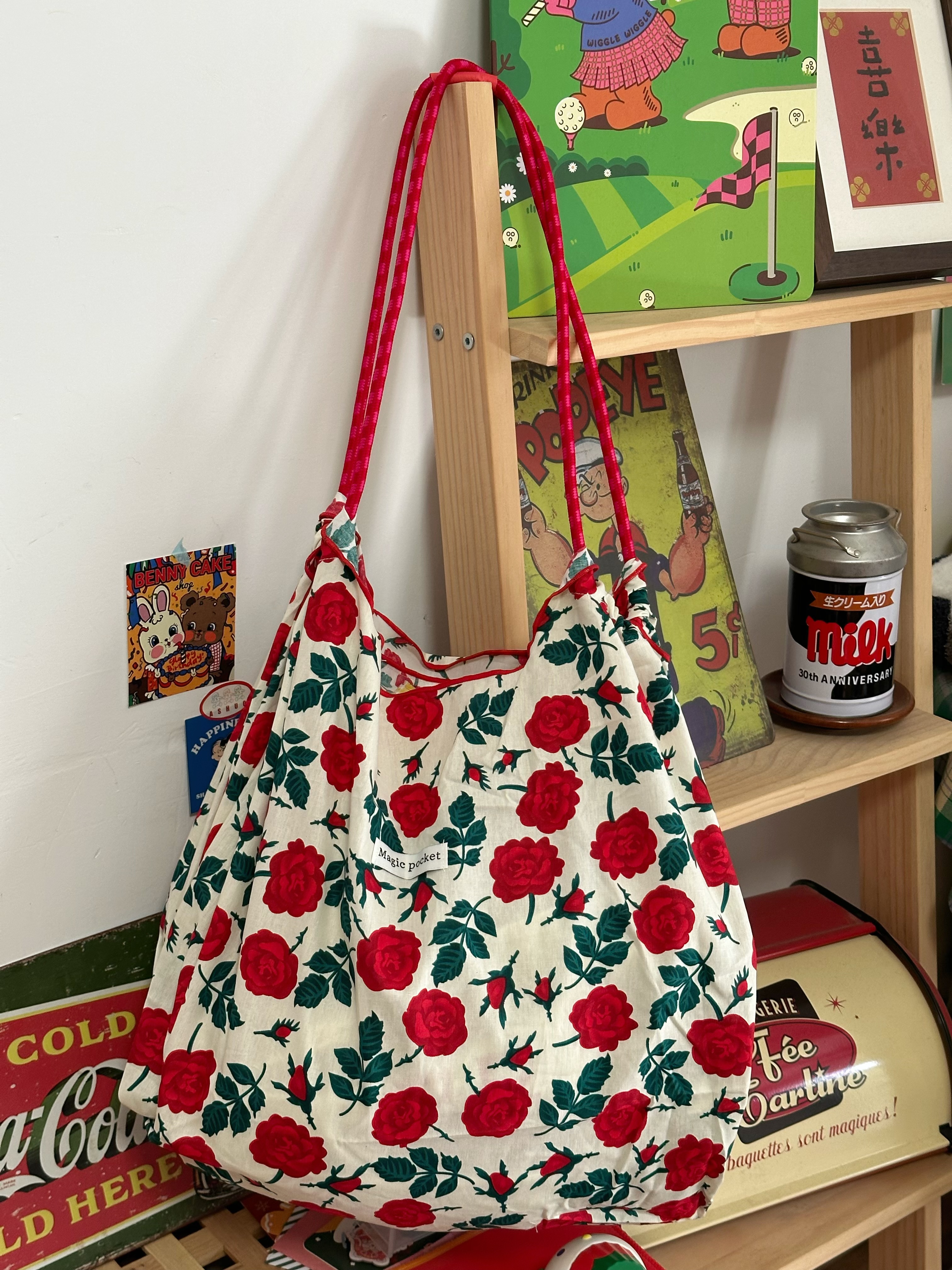 Korean Style Summer Floral Canvas Shoulder Bag, Large Capacity Tote, Japanese Casual Versatile Handbag for Everyday Use