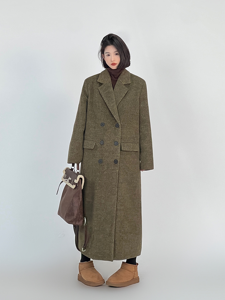 Korean Style Thick Long Woolen Coat for Women, Suit Collar Loose Fit Knee-Length Winter Overcoat