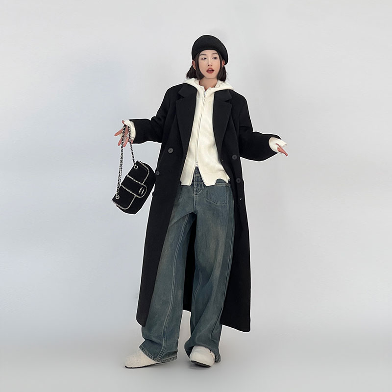 Korean Style Thick Long Woolen Coat for Women, Suit Collar Loose Fit Knee-Length Winter Overcoat