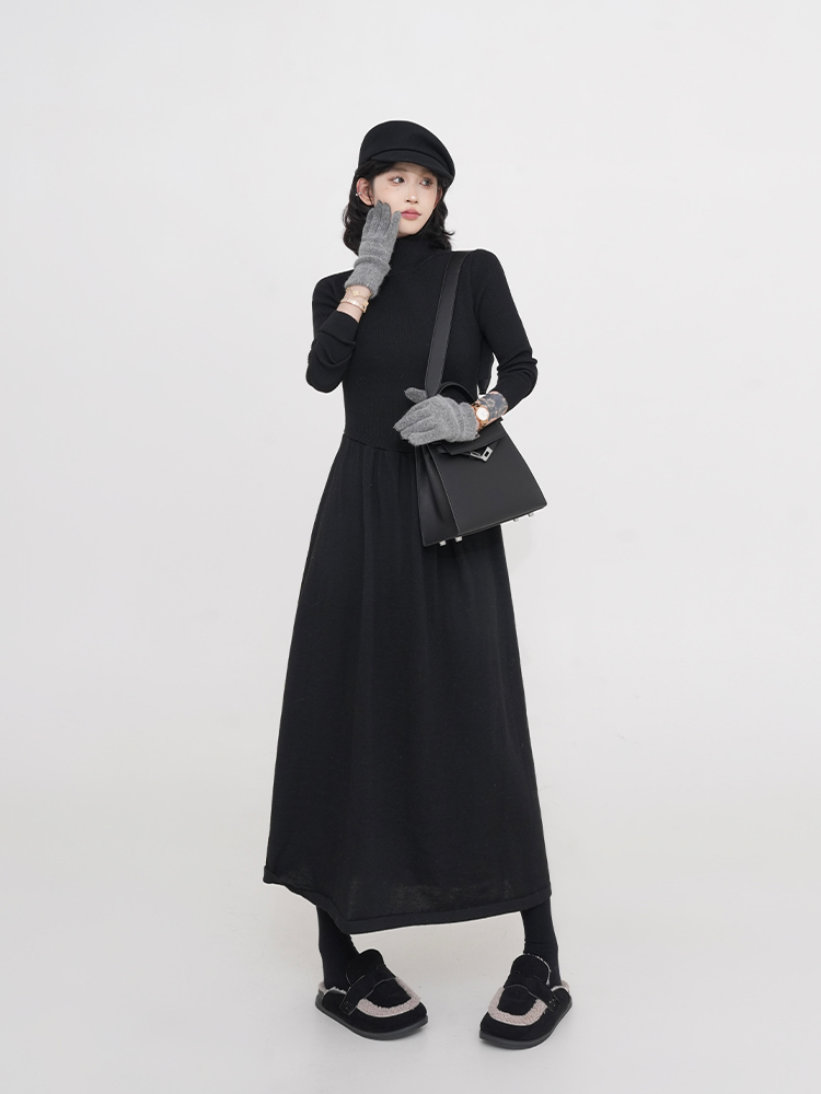 Korean Style Thickened High-Neck Long Sleeve Knitted Dress for Women - A-Line Waist-Cinching Autumn Winter Fashion Korean Style Thickened High-Neck Long Sleeve Knitted Dress for Women - A-Line Waist-Cinching Autumn Winter Fashion