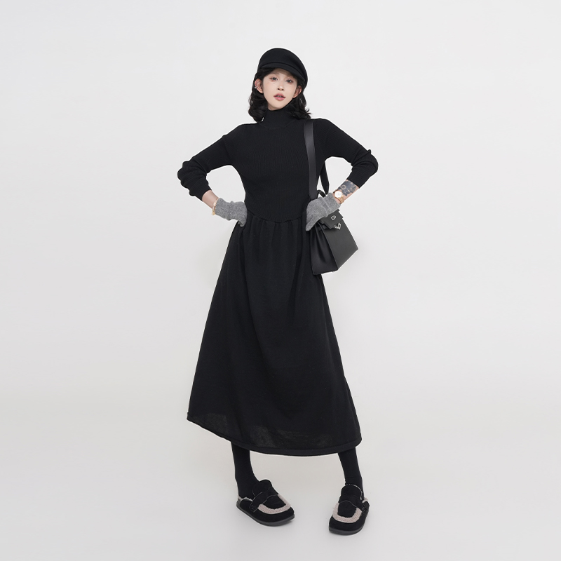 Korean Style Thickened High-Neck Long Sleeve Knitted Dress for Women - A-Line Waist-Cinching Autumn Winter Fashion Korean Style Thickened High-Neck Long Sleeve Knitted Dress for Women - A-Line Waist-Cinching Autumn Winter Fashion