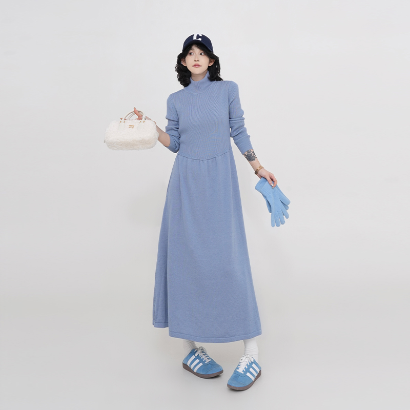 Korean Style Thickened High-Neck Long Sleeve Knitted Dress for Women - A-Line Waist-Cinching Autumn Winter Fashion