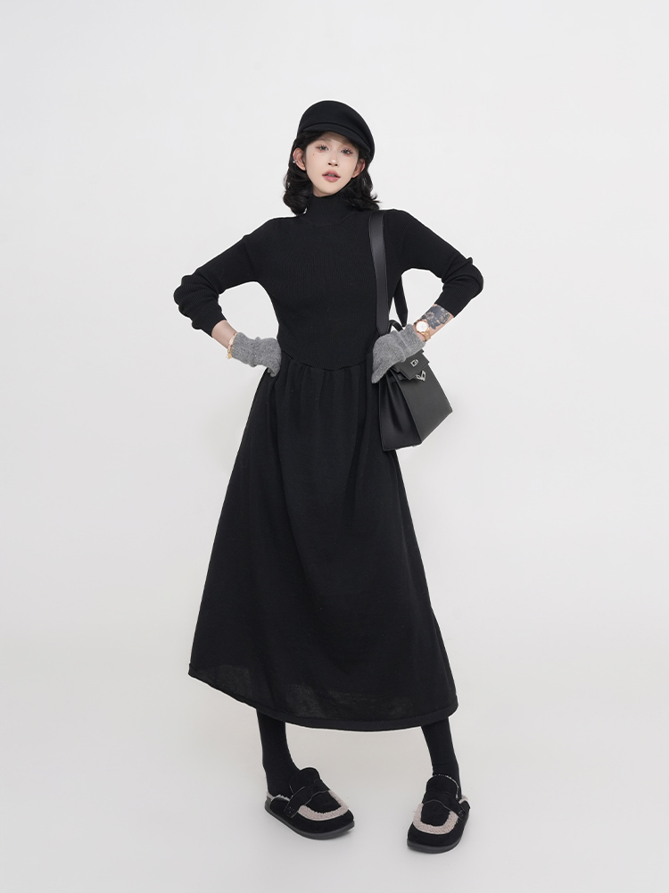 Korean Style Thickened High-Neck Long Sleeve Knitted Dress for Women - A-Line Waist-Cinching Autumn Winter Fashion
