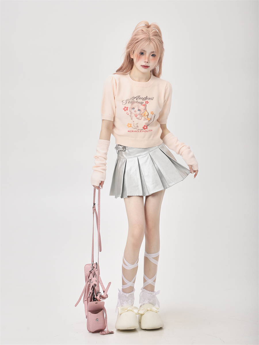 Korean-Style Two-Piece Knitted High-Waisted T-Shirt for Women - Short Sleeves, Unique Sweet and Spicy Ethereal Design Korean-Style Two-Piece Knitted High-Waisted T-Shirt for Women - Short Sleeves, Unique Sweet and Spicy Ethereal Design